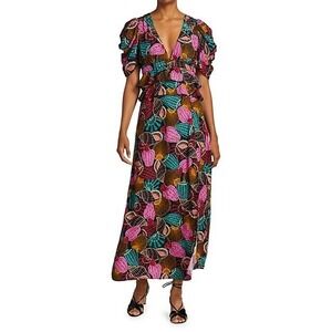 Farm Rio Size XL Shell Mix Midi Dress Multi Color Puff Sleeve Ruffle V-Neck